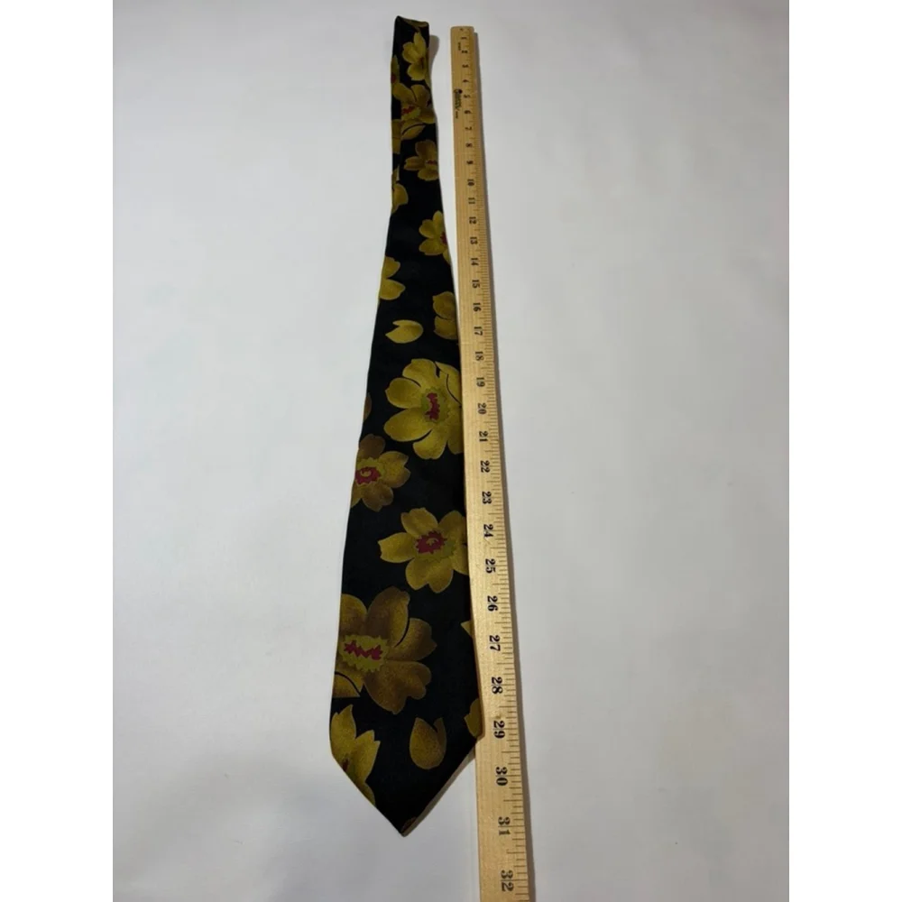 Lands’ End Silk Tie Navy Gold Floral Long Handmade USA